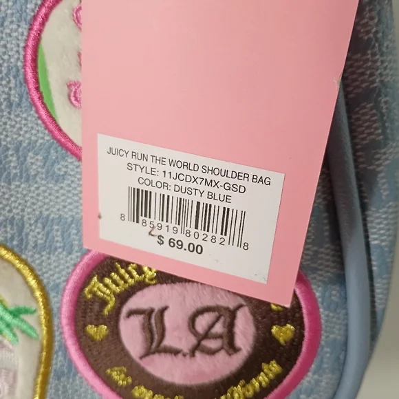 Juicy Couture Exclusive Run The World Light Blue Embroidered Patch Shoulder Bag - Picture 6 of 13